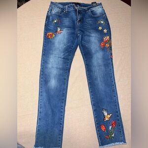 Bee & Ceci Skinny Jeans with Colorful Bird & Floral Embroidery - Size 13/14